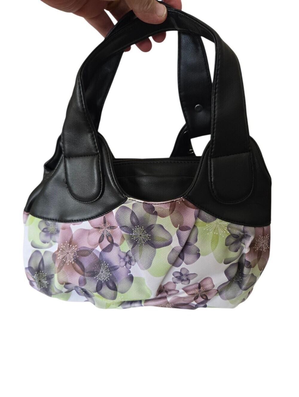 Floral Satchel Handbag Black Purple Green Silver Hardware - Picture 4 of 8